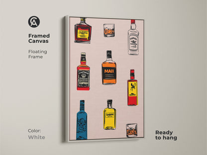 A framed canvas with a floating frame shows retro bar artwork. A white frame holds whiskey bottle art. The cocktail glass poster is ready to hang. It's an alcohol themed art.