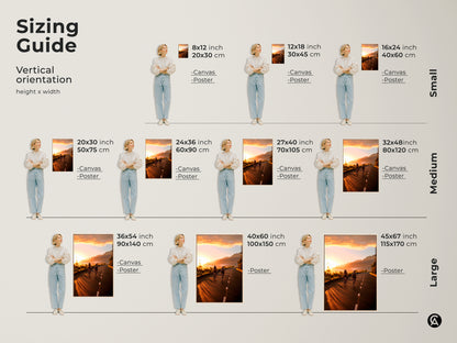 Sizing guide for vertical cycling wall art. Options range from small 8x12 inch prints to large 45x67 inch canvases. Featuring a mountain road sunset this artwork is perfect for any room. Available as canvas or poster to fit your space.