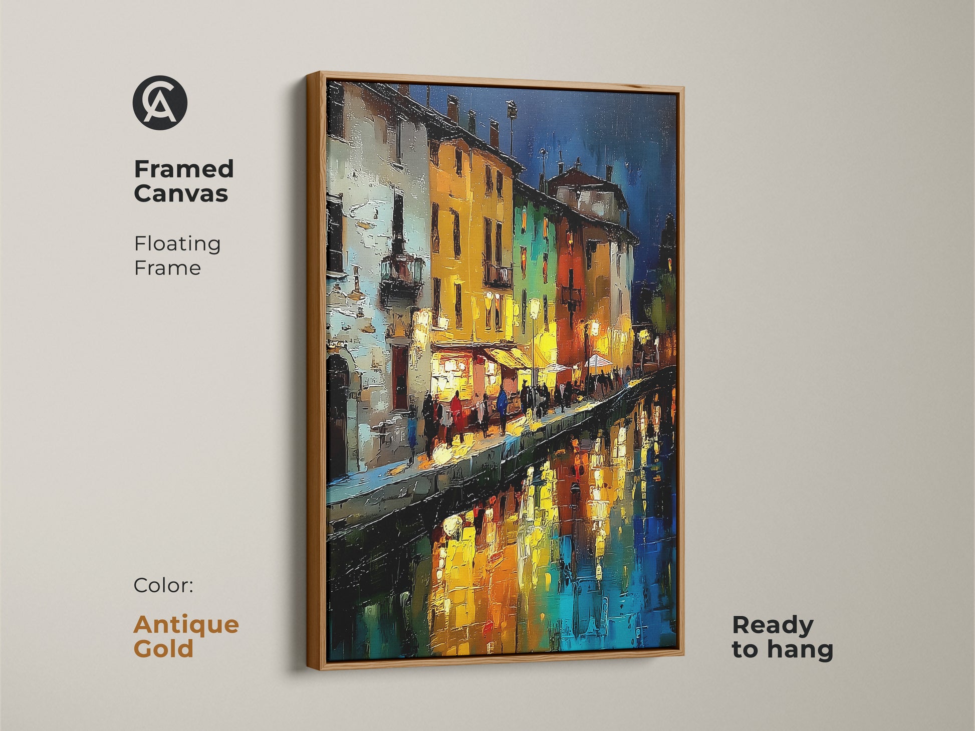 Night Cityscape Framed Canvas Print in Antique Gold Floating Frame. European canal houses artwork makes a great housewarming gift europe. Ready to hang in any apartment living room or entryway. The art for wanderlust brings eclectic home decor.