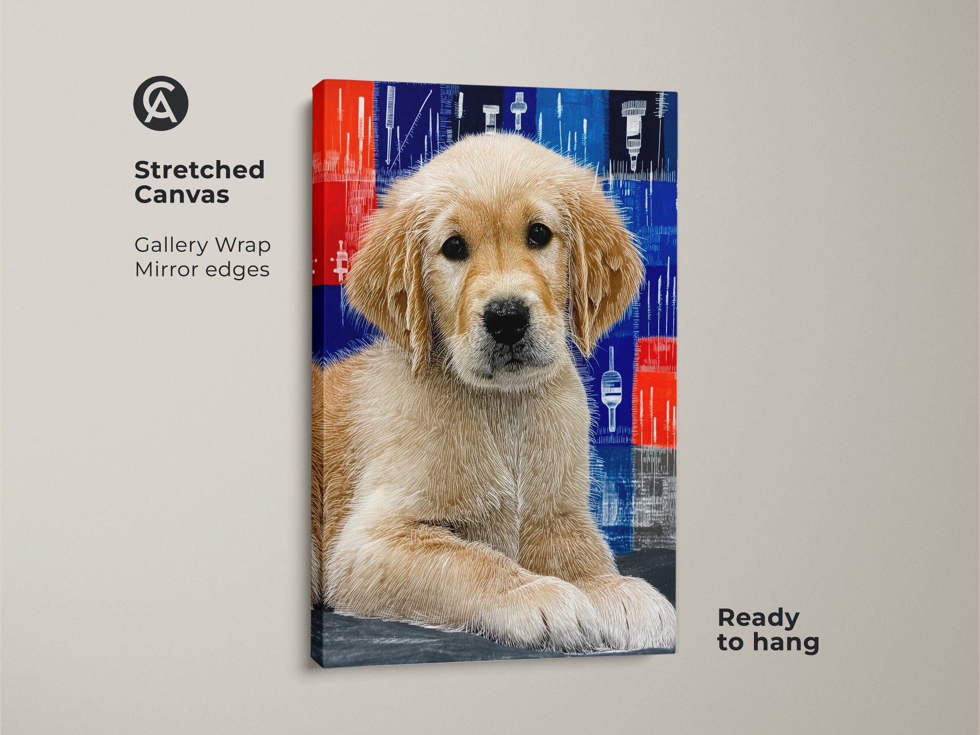 Modern abstract Golden Retriever puppy art displayed on a stretched canvas. The gallery wrap and mirror edges amplify the blue and red contemporary backdrop. Ready to hang this unique dog portrait is perfect for adding a pop of color to a home office or bedroom.  A thoughtful gift for any pet owner.