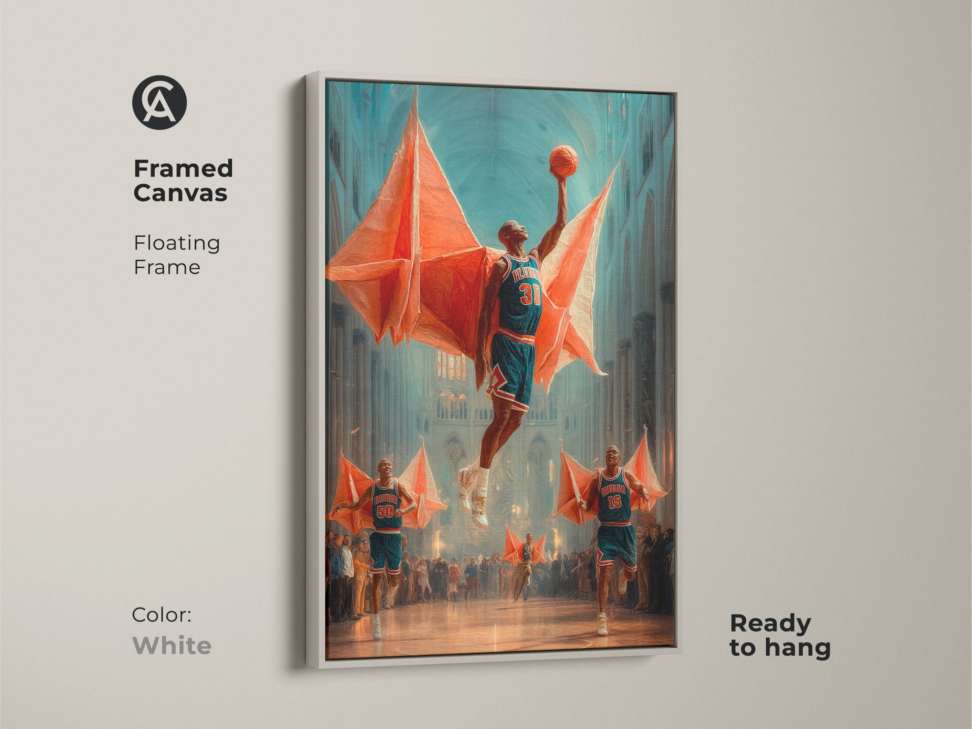 A white framed canvas displays a surreal basketball dunking scene in a cathedral. The clean frame highlights the orange teal blue colors of the artwork. Ready to hang this piece is ideal for modern eclectic decor. It is a unique addition to any office or man cave. Great gift for a basketball fan.