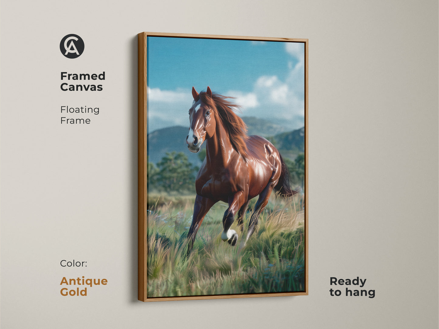 Framed canvas print featuring a beautiful horse running. The antique gold floating frame adds a touch of elegance. This horse artwork is ready to hang. Its a great addition to any art collection. Bring the spirit of the horse to your home.