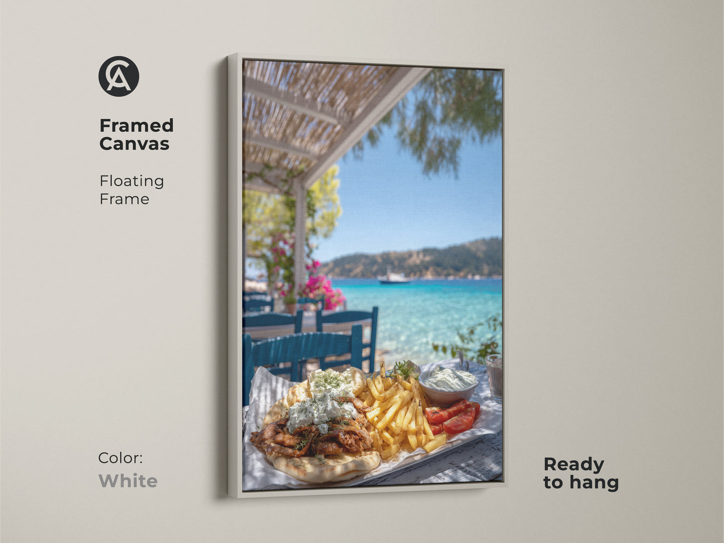 Framed canvas artwork of a greek gyros platter with tzatziki dip. The floating frame is white and ready to hang. This coastal art print is perfect for your kitchen or dining area. Add a summer vacation vibe to your home with this delicious gyros canvas.