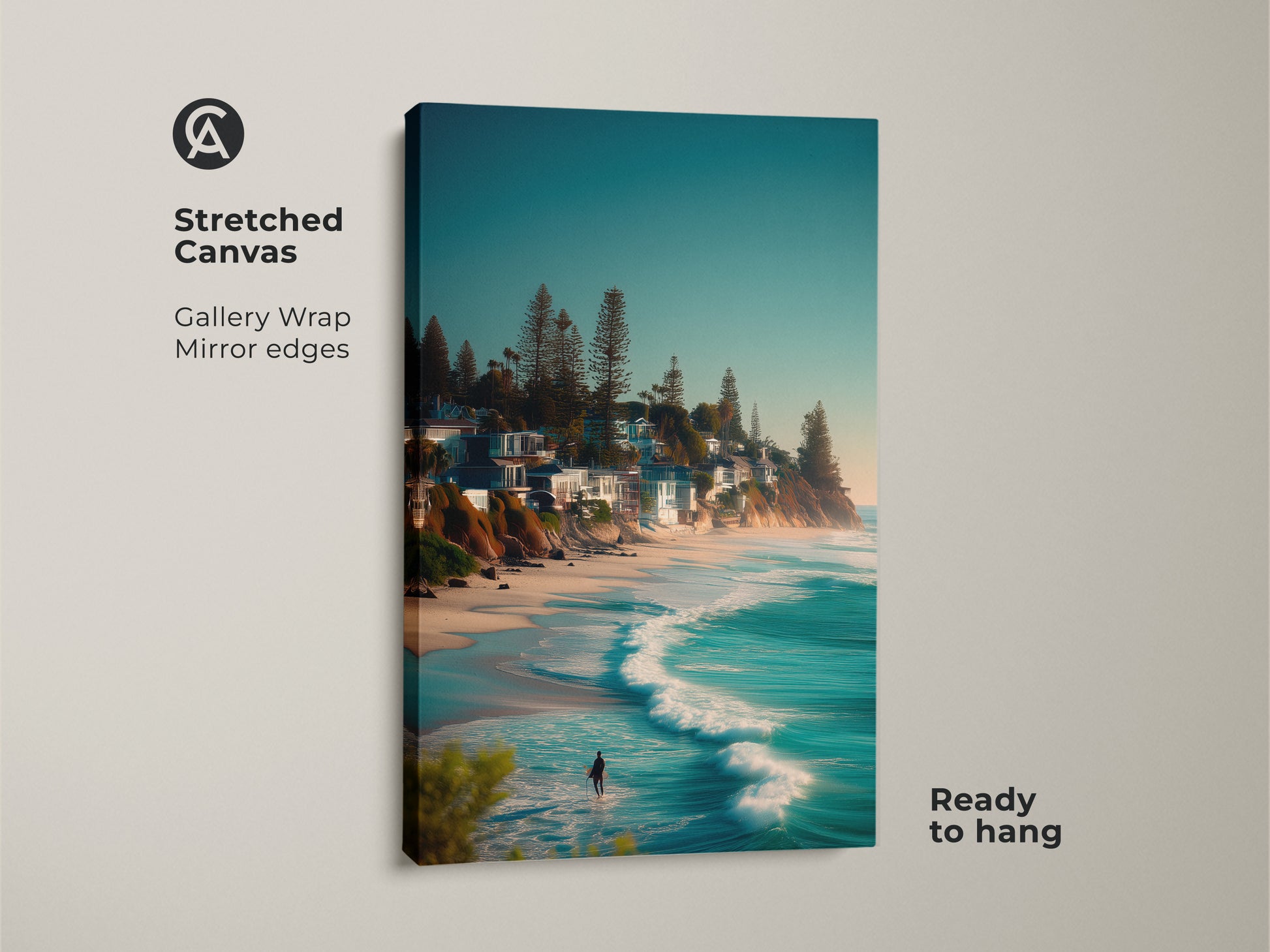 Stretched canvas art featuring a surfer entering the ocean. The gallery wrap has mirrored edges for a modern look. This coastal artwork is printed on high-quality canvas and ready to hang. Ideal for adding a beachy vibe to your home decor.