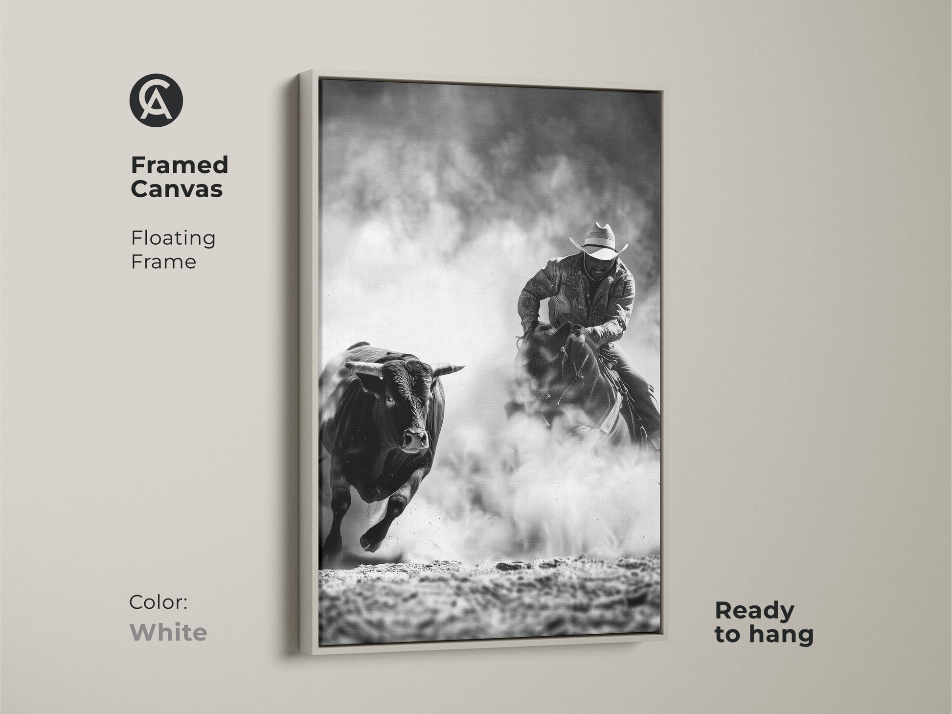 Framed canvas art displays a cowboy riding a bull. The Western action scene print is monochrome cowboy decor. This grayscale bull art is perfect for a man cave. Ready to hang with a floating frame in white.