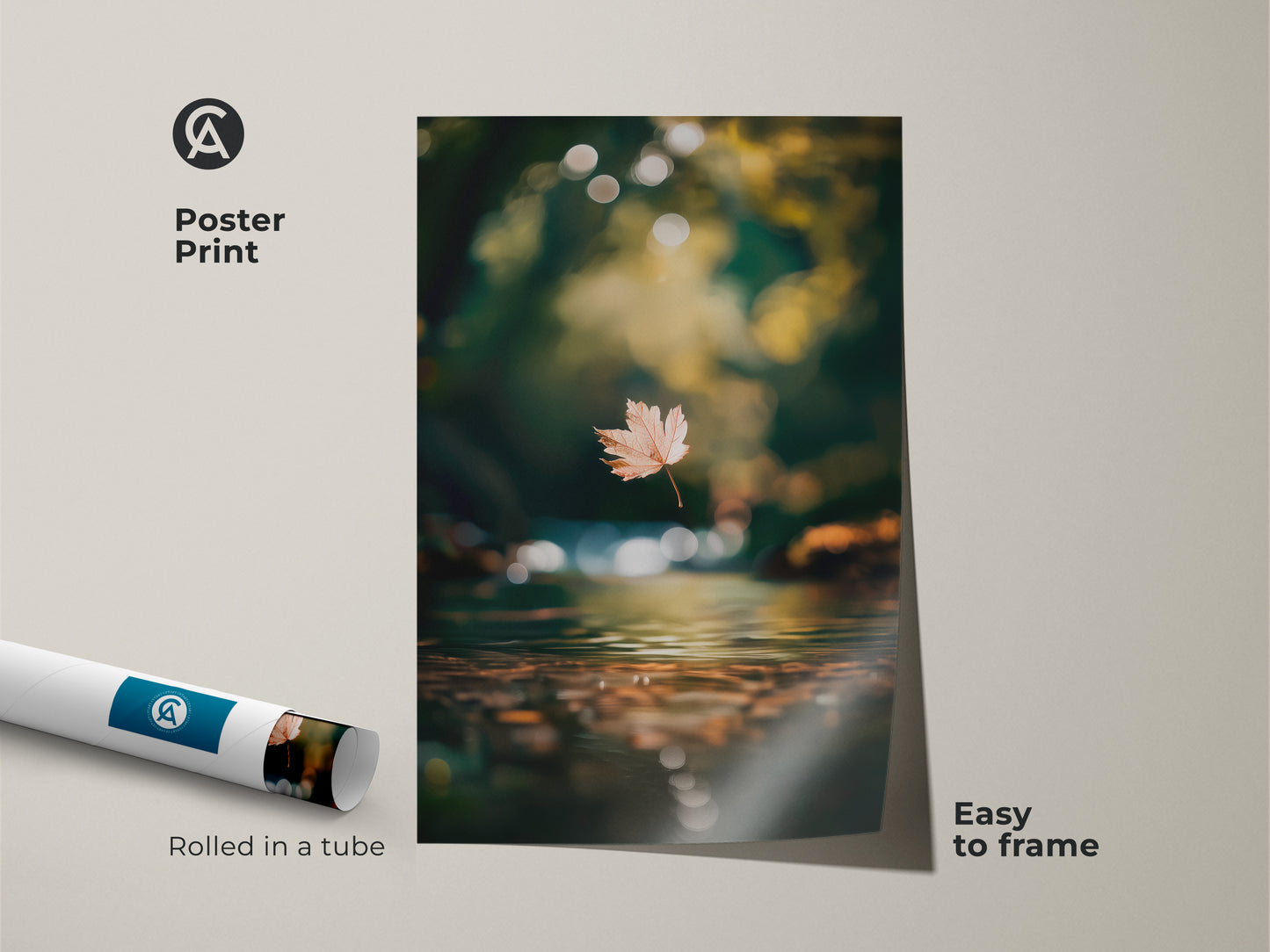 Elevate your space with this museum-quality poster print. This artwork captures the essence of fall with a leaf above a tranquil stream. Easy to frame this rolled print offers a seamless blend of nature and art. Buy this nature inspired art print today.