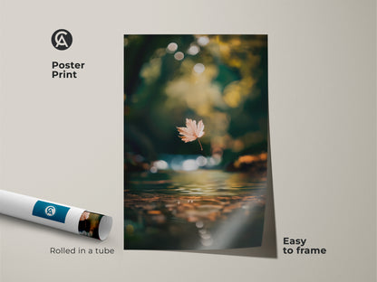 Elevate your space with this museum-quality poster print. This artwork captures the essence of fall with a leaf above a tranquil stream. Easy to frame this rolled print offers a seamless blend of nature and art. Buy this nature inspired art print today.
