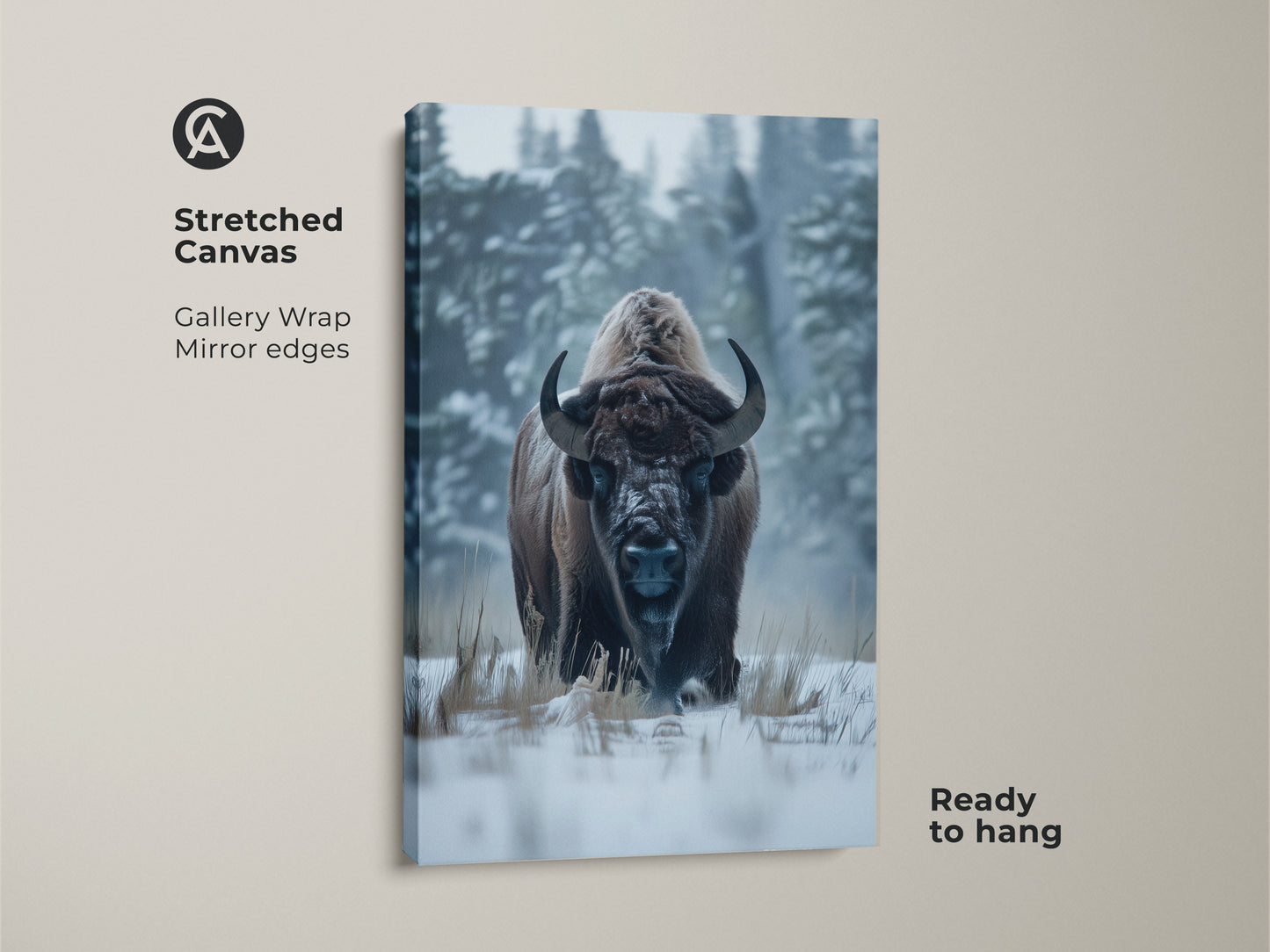 Stretched canvas artwork featuring a bison in a winter landscape. The gallery wrap has mirror edges. It comes ready to hang. This canvas print captures the beauty of wildlife art. Perfect for adding a touch of nature to your living space.