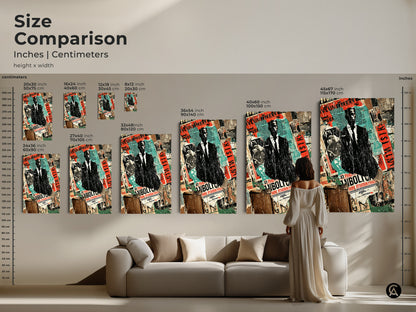 Size comparison of the Man in Suit collage art. See the inches and centimeters dimensions for each art piece. This industrial office wall art is perfect for any space. The black red and teal artwork makes a bold statement in any room.