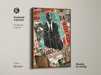 A brown framed canvas showcasing the Man in Suit collage art. This urban street art print features torn posters. The industrial office wall decor art blends black red and teal. A gritty modern art piece that's ready to hang.