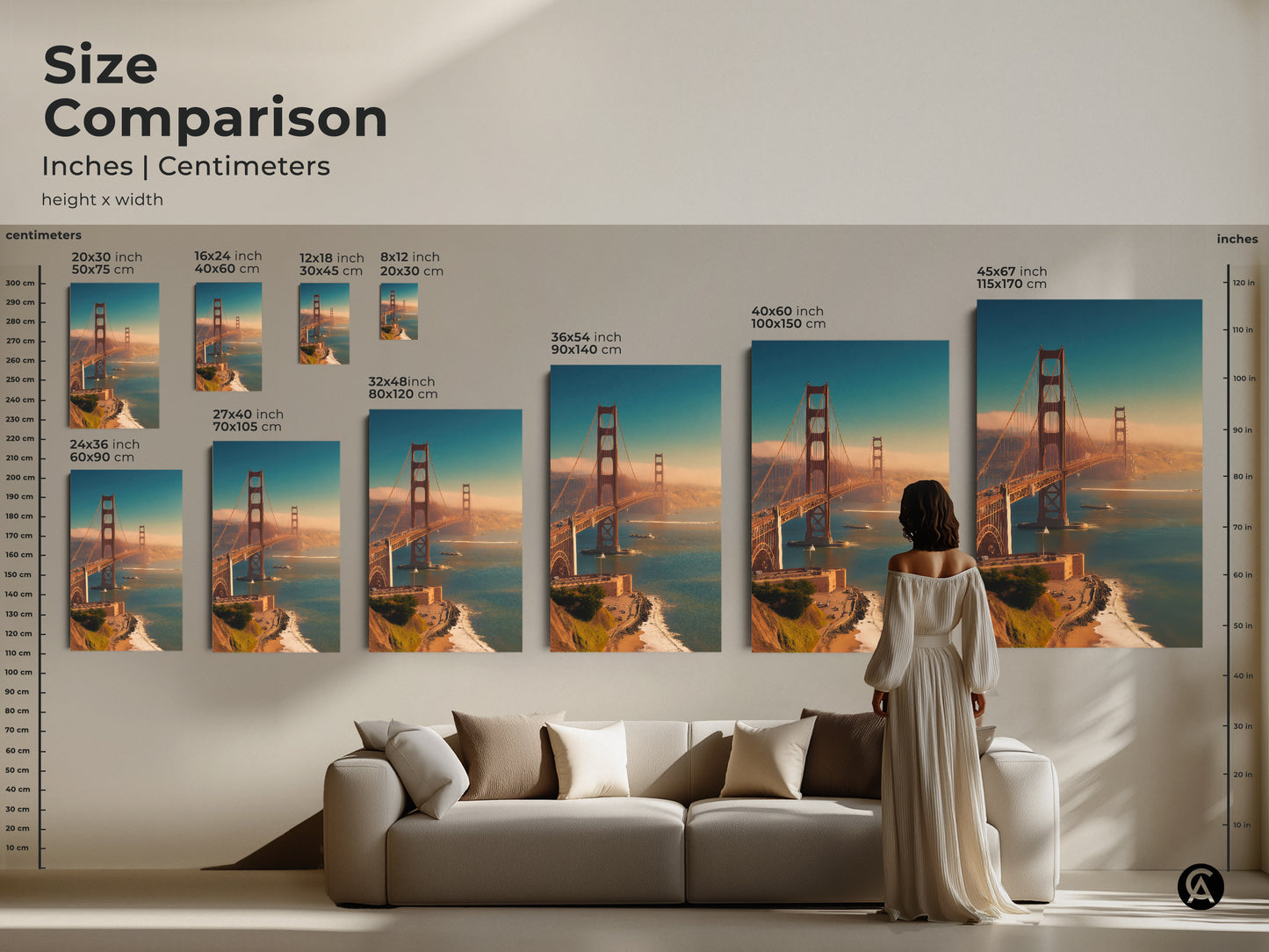 Size comparison of Golden Gate Bridge art. See how the artwork looks above a sofa. Available in various sizes in inches and centimeters. Find your ideal San Francisco print size.