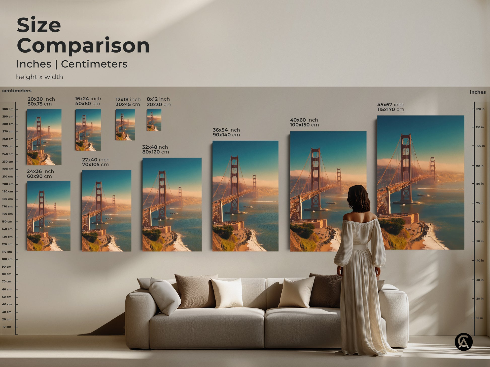 Size comparison of Golden Gate Bridge art. See how the artwork looks above a sofa. Available in various sizes in inches and centimeters. Find your ideal San Francisco print size.