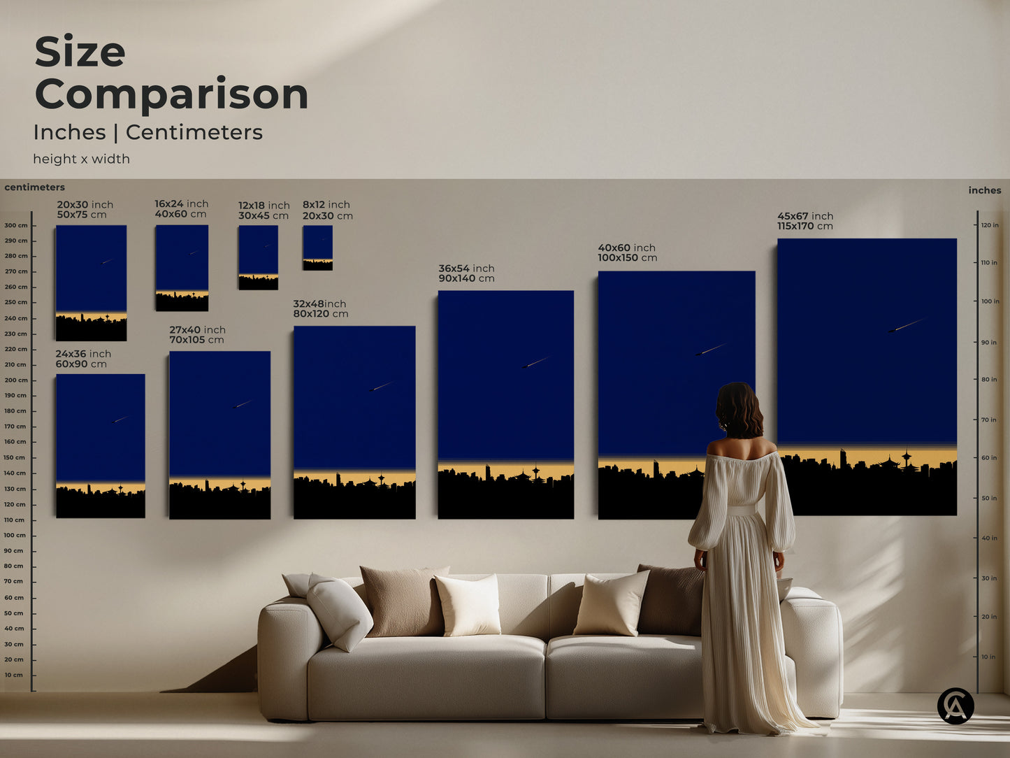 Size comparison of minimalist cityscape art prints on a wall above a sofa. See how 12x18 to 45x67 inch canvas sizes transform your living room. Modern skyline art enhances any home decor. Find your perfect fit today.