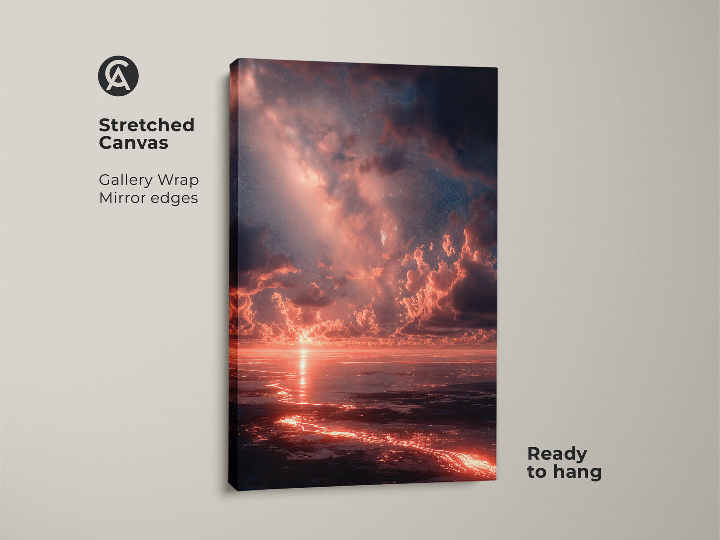 Stretched canvas art print featuring a breathtaking sunset scene. The artwork has gallery wrapped edges. Mirror edges create a seamless look. Ready to hang this piece will transform any room with its vibrant colors and stunning composition.