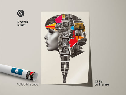 Poster print of a Collage Art Print Woman. The urban mixed media wall artwork displays a crimson cobalt blue portrait. This contemporary fashion art is easy to frame. A stylish abstract cityscape print rolled and ready.