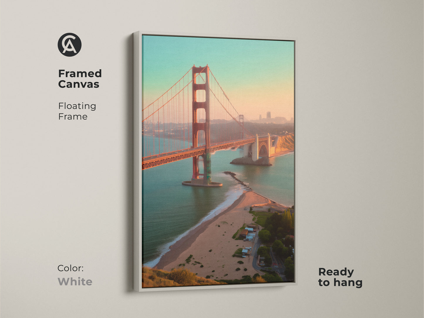 Framed canvas of the Golden Gate Bridge with a white floating frame. Contemporary landscape photography for travel themed home decor. Iconic architecture print for any space.