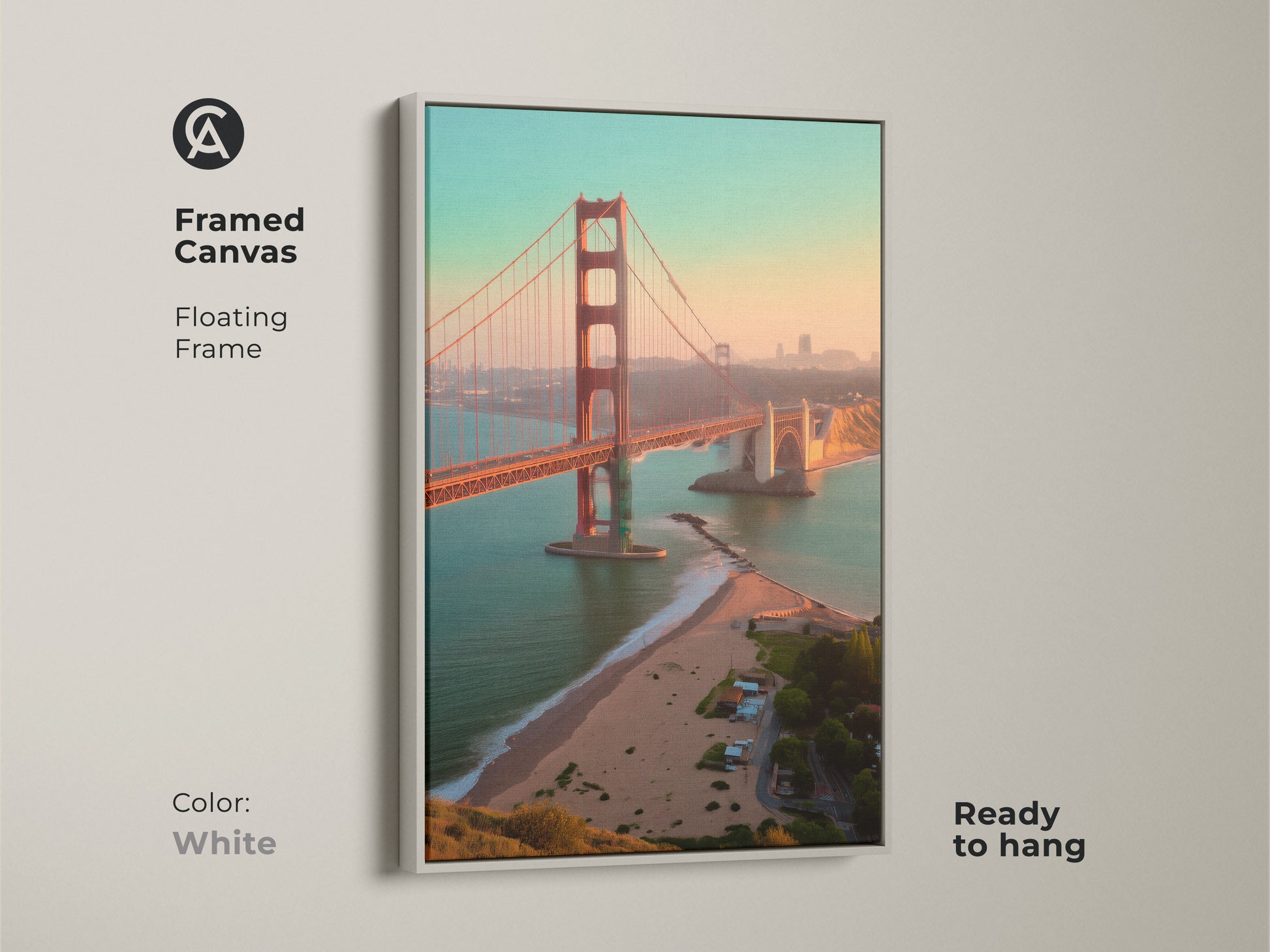 Framed canvas of the Golden Gate Bridge with a white floating frame. Contemporary landscape photography for travel themed home decor. Iconic architecture print for any space.