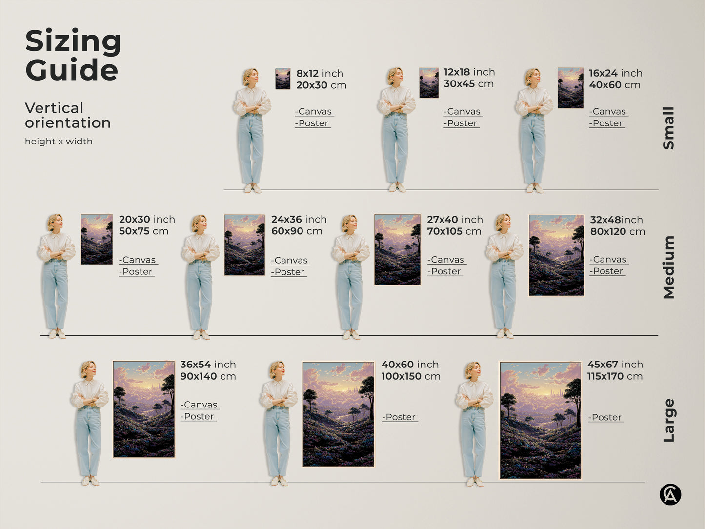 Sizing guide for our vertical pastel landscape art. Available in canvas and poster prints. Find the perfect size to complement your bedroom decor or as a thoughtful housewarming gift.