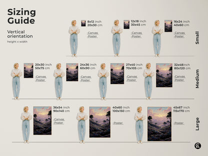 Sizing guide for our vertical pastel landscape art. Available in canvas and poster prints. Find the perfect size to complement your bedroom decor or as a thoughtful housewarming gift.