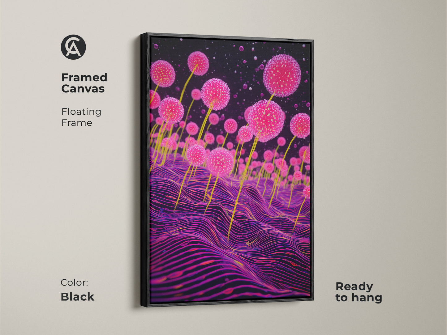 Framed canvas of surreal abstract art with pink botanical print and purple fungi. This sci-fi canvas art is ready to hang. It adds an eclectic touch to any room. The black floating frame enhances the otherworldly abstract nature art.