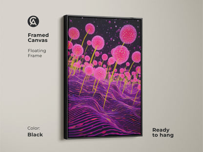 Framed canvas of surreal abstract art with pink botanical print and purple fungi. This sci-fi canvas art is ready to hang. It adds an eclectic touch to any room. The black floating frame enhances the otherworldly abstract nature art.