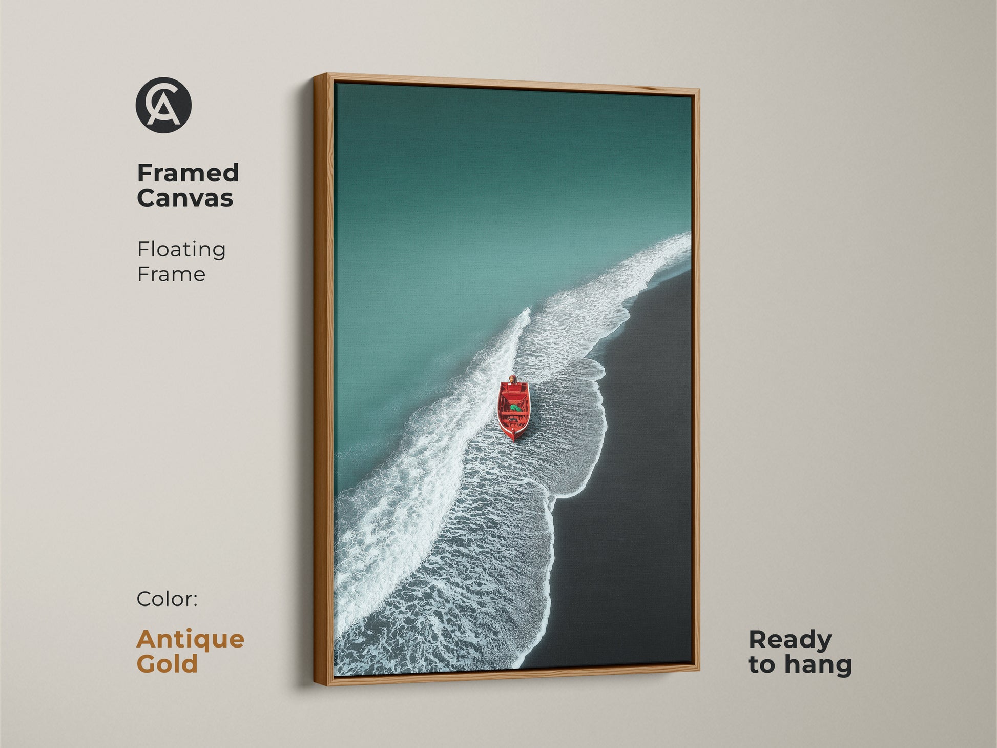 Framed beach art with an antique gold floating frame. This teal ocean canvas print features dark sand and a red boat. A stylish piece of modern nautical decor. Ready to hang and enjoy.