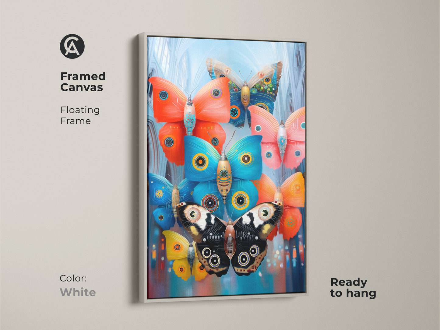 Print presentation options showing poster prints stretched canvas and framed canvas. The surreal mechanical butterfly artwork displays ornate wings in teal orange and blue. Find eclectic art for every space.