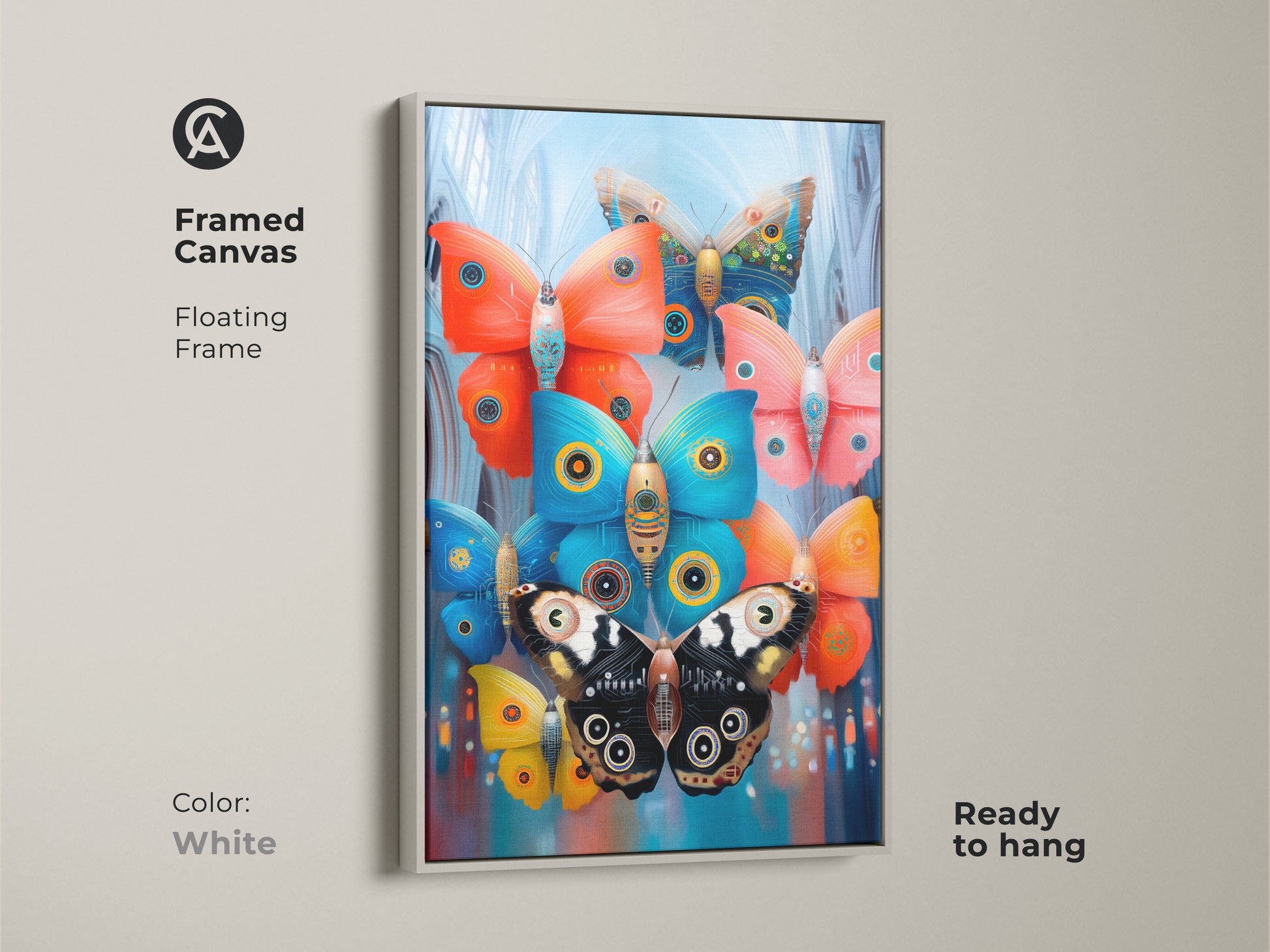 Print presentation options showing poster prints stretched canvas and framed canvas. The surreal mechanical butterfly artwork displays ornate wings in teal orange and blue. Find eclectic art for every space.