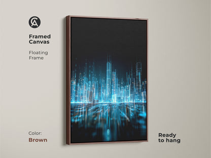 Framed canvas featuring an abstract city. This futuristic artwork is framed in brown. The art is matted with a floating frame. This contemporary art piece is ready to hang. Enhance your home today.
