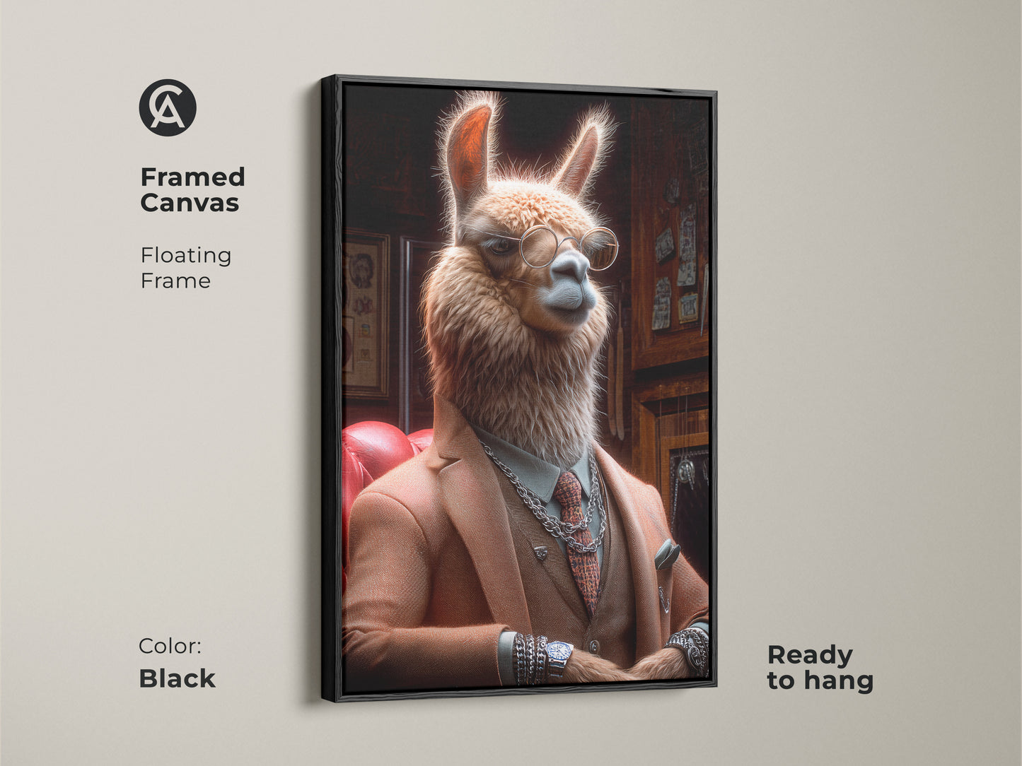 Framed canvas of a sophisticated llama. Floating black frame enhances the animal artwork. Ready to hang for instant wall decor. This gentleman portrait adds a touch of class. Perfect for eclectic home styles.