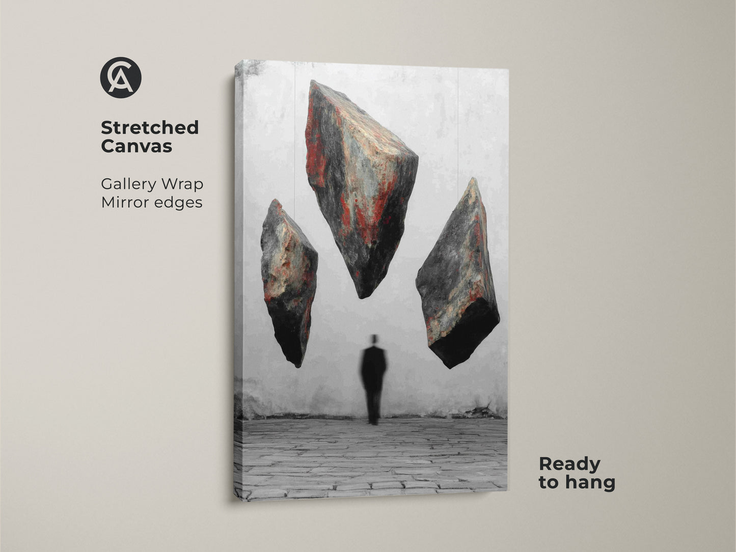 This stretched canvas shows surreal floating rocks and a man silhouette. This conceptual art wall art features a red black gray abstract. It makes a statement piece for modern study decor. This floating rocks canvas art adds an artistic touch to any office. Ready to hang for easy wall decoration.