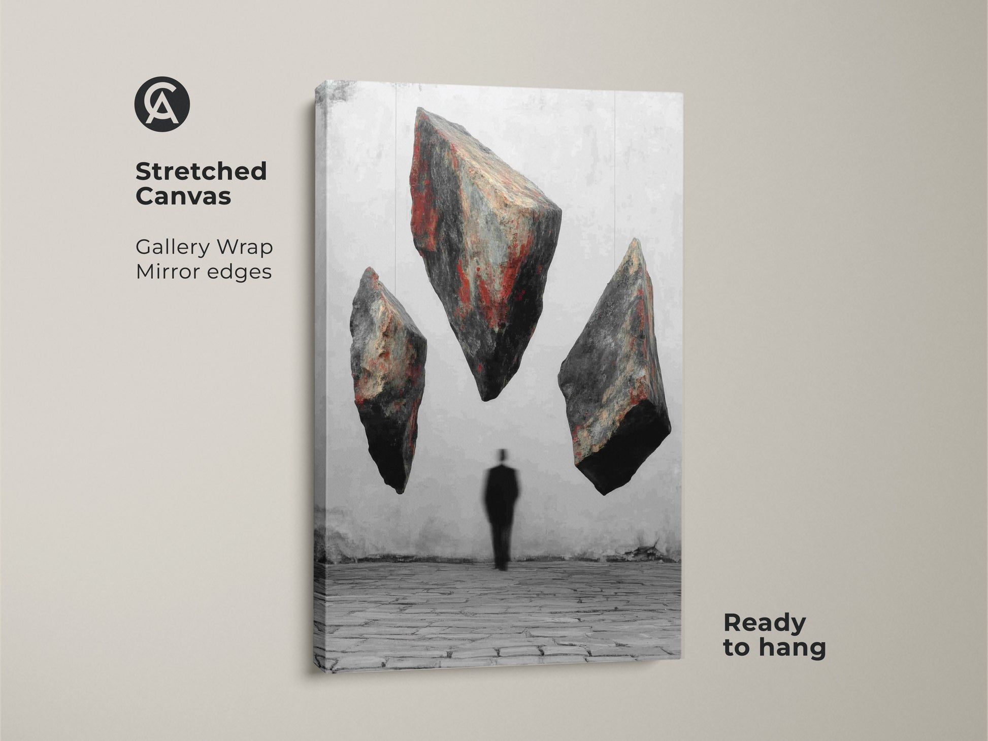 This stretched canvas shows surreal floating rocks and a man silhouette. This conceptual art wall art features a red black gray abstract. It makes a statement piece for modern study decor. This floating rocks canvas art adds an artistic touch to any office. Ready to hang for easy wall decoration.