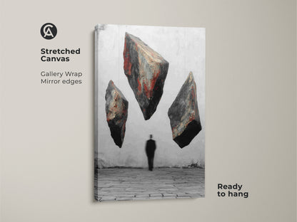 This stretched canvas shows surreal floating rocks and a man silhouette. This conceptual art wall art features a red black gray abstract. It makes a statement piece for modern study decor. This floating rocks canvas art adds an artistic touch to any office. Ready to hang for easy wall decoration.