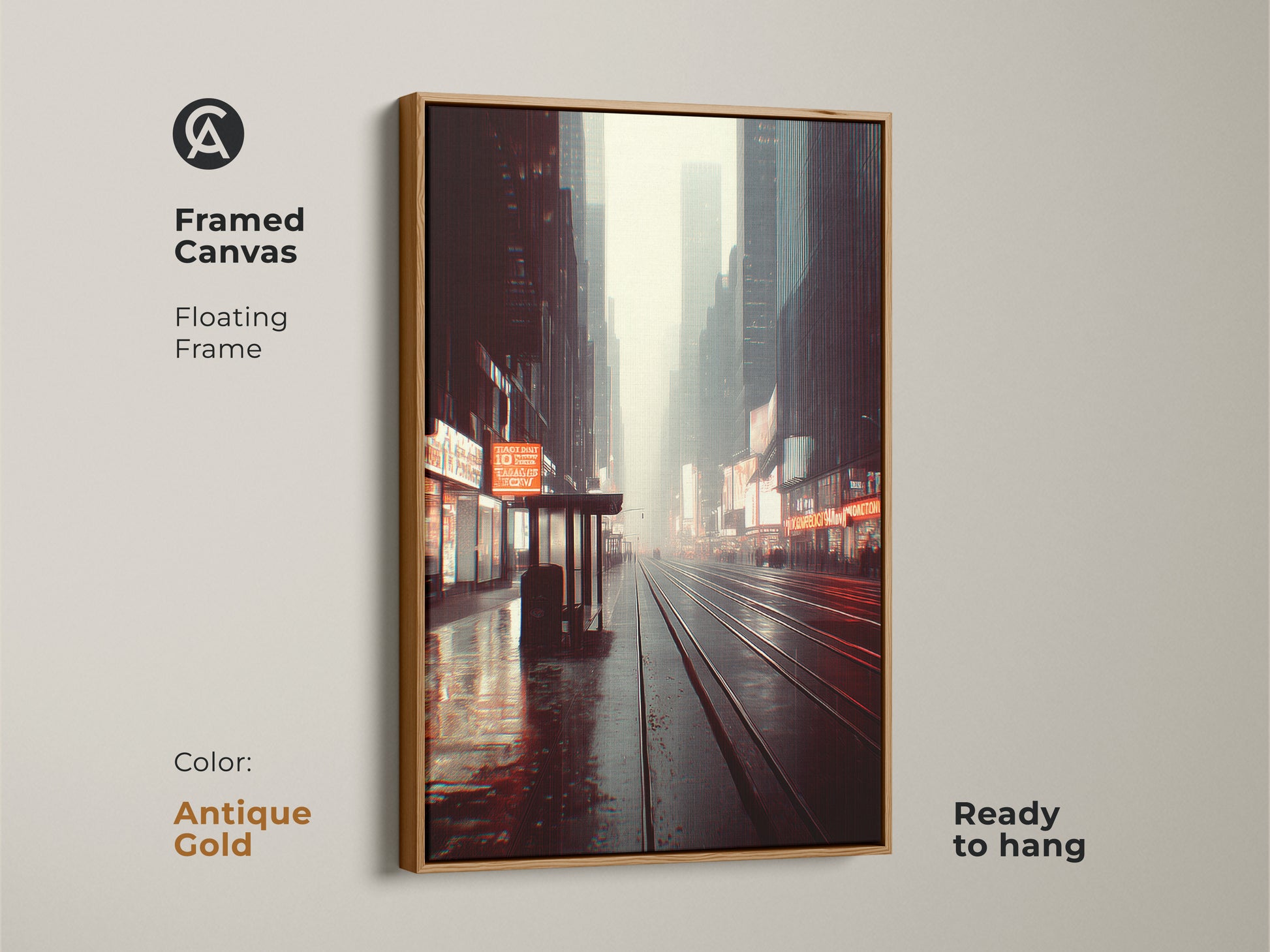 Framed canvas print of a city night street canvas. It has an antique gold floating frame and is ready to hang. This industrial home decor art adds a unique touch to any entryway or office.