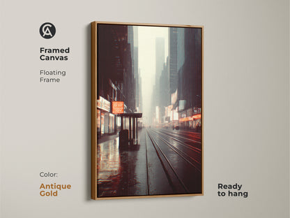 Framed canvas print of a city night street canvas. It has an antique gold floating frame and is ready to hang. This industrial home decor art adds a unique touch to any entryway or office.