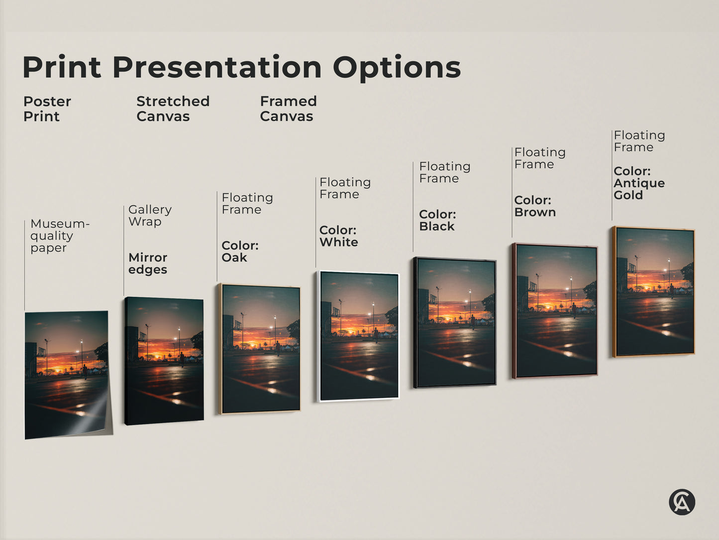 Explore print presentation options: poster print stretched canvas and framed canvas. Choose from gallery wrap mirror edges or floating frames in black brown oak antique gold and white.