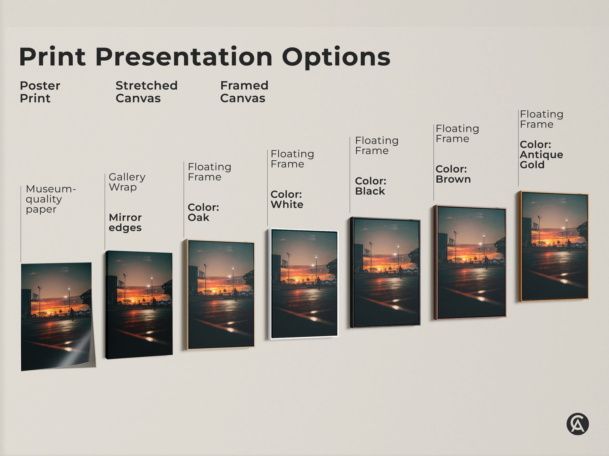 Explore print presentation options: poster print stretched canvas and framed canvas. Choose from gallery wrap mirror edges or floating frames in black brown oak antique gold and white.