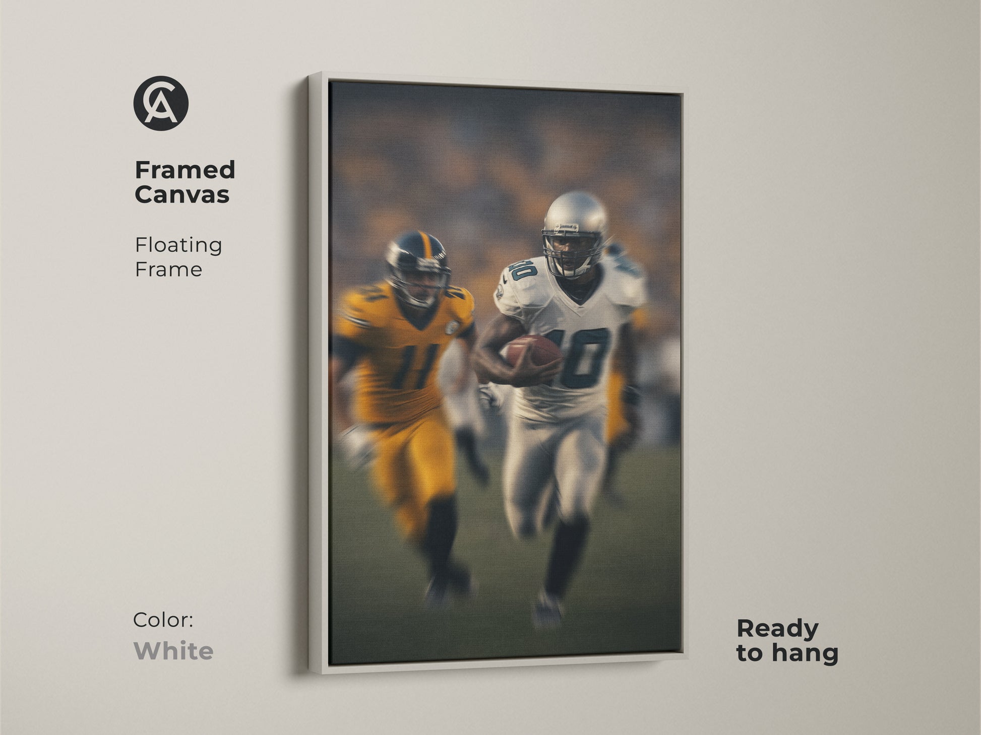 This framed canvas art features a floating white frame. The modern football artwork showcases a running back in action. Ready to hang this dynamic print will enhance your sports themed decor.