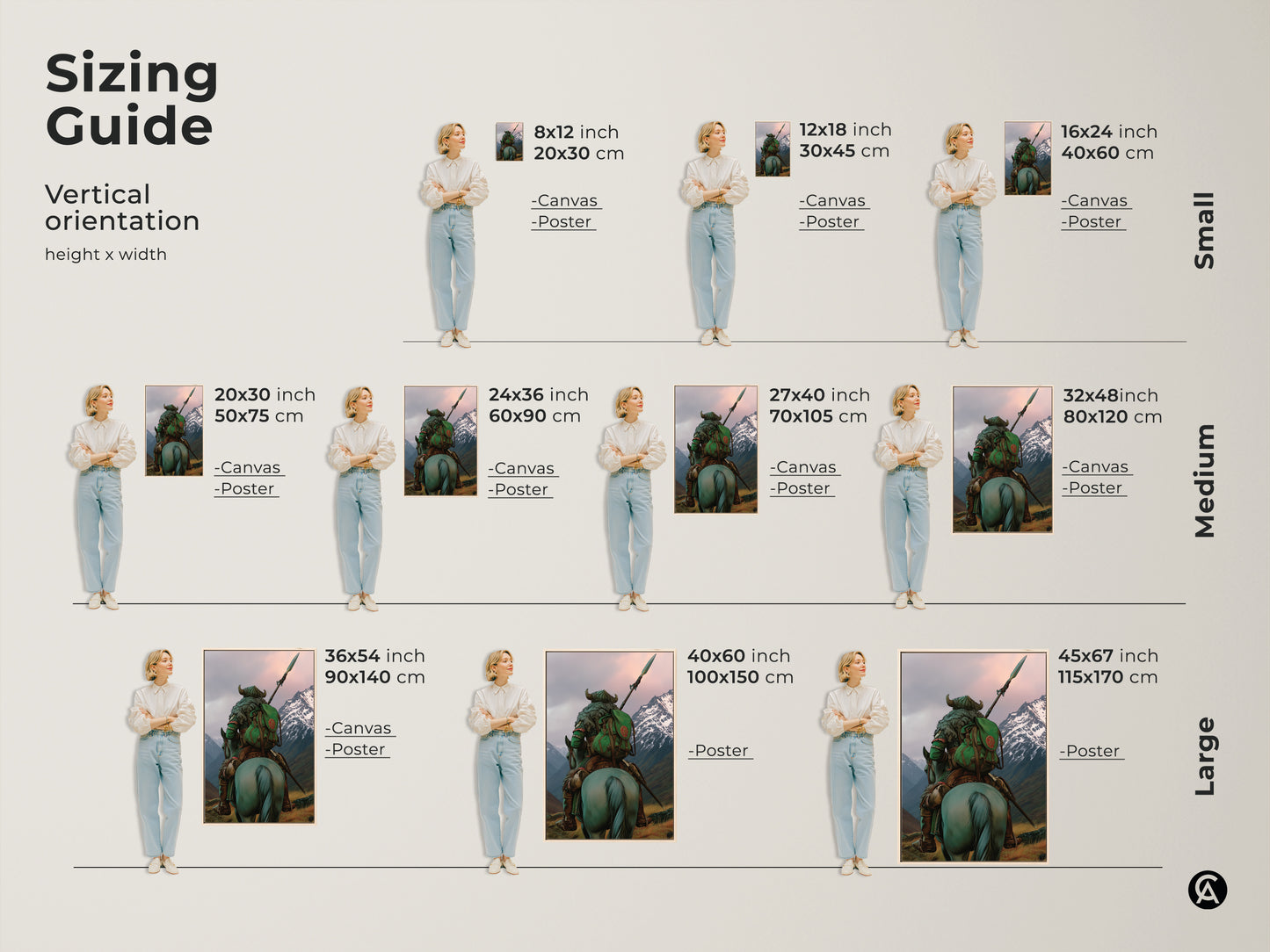Find the perfect size for your dark fantasy warrior art print with this sizing guide. Visualize how the medieval horse rider artwork fits in your space with vertical orientations. Available as canvas or poster. Choose from small medium and large sizes. This adventure themed artwork is a must-have.