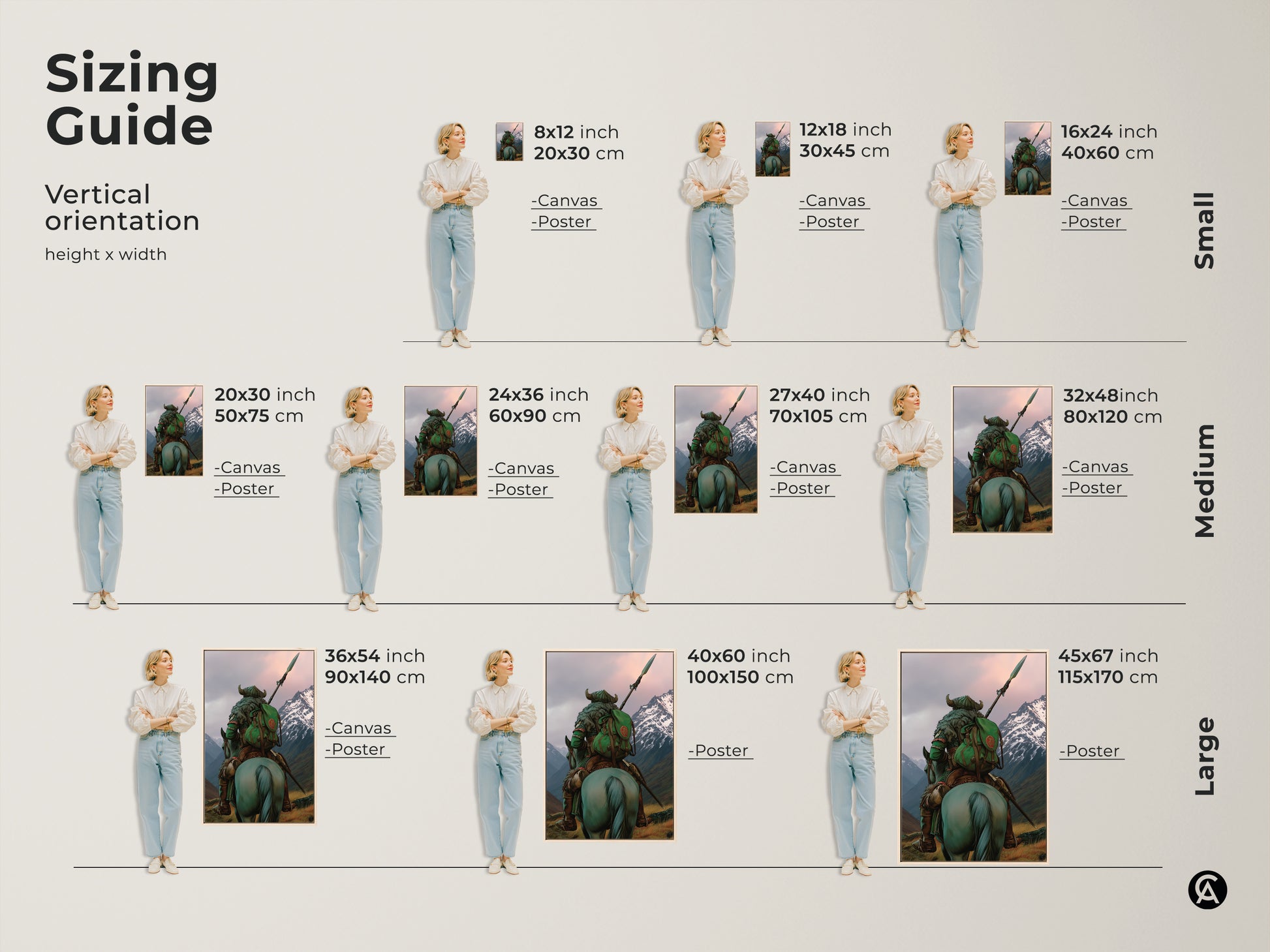 Find the perfect size for your dark fantasy warrior art print with this sizing guide. Visualize how the medieval horse rider artwork fits in your space with vertical orientations. Available as canvas or poster. Choose from small medium and large sizes. This adventure themed artwork is a must-have.