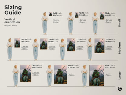 Find the perfect size for your dark fantasy warrior art print with this sizing guide. Visualize how the medieval horse rider artwork fits in your space with vertical orientations. Available as canvas or poster. Choose from small medium and large sizes. This adventure themed artwork is a must-have.
