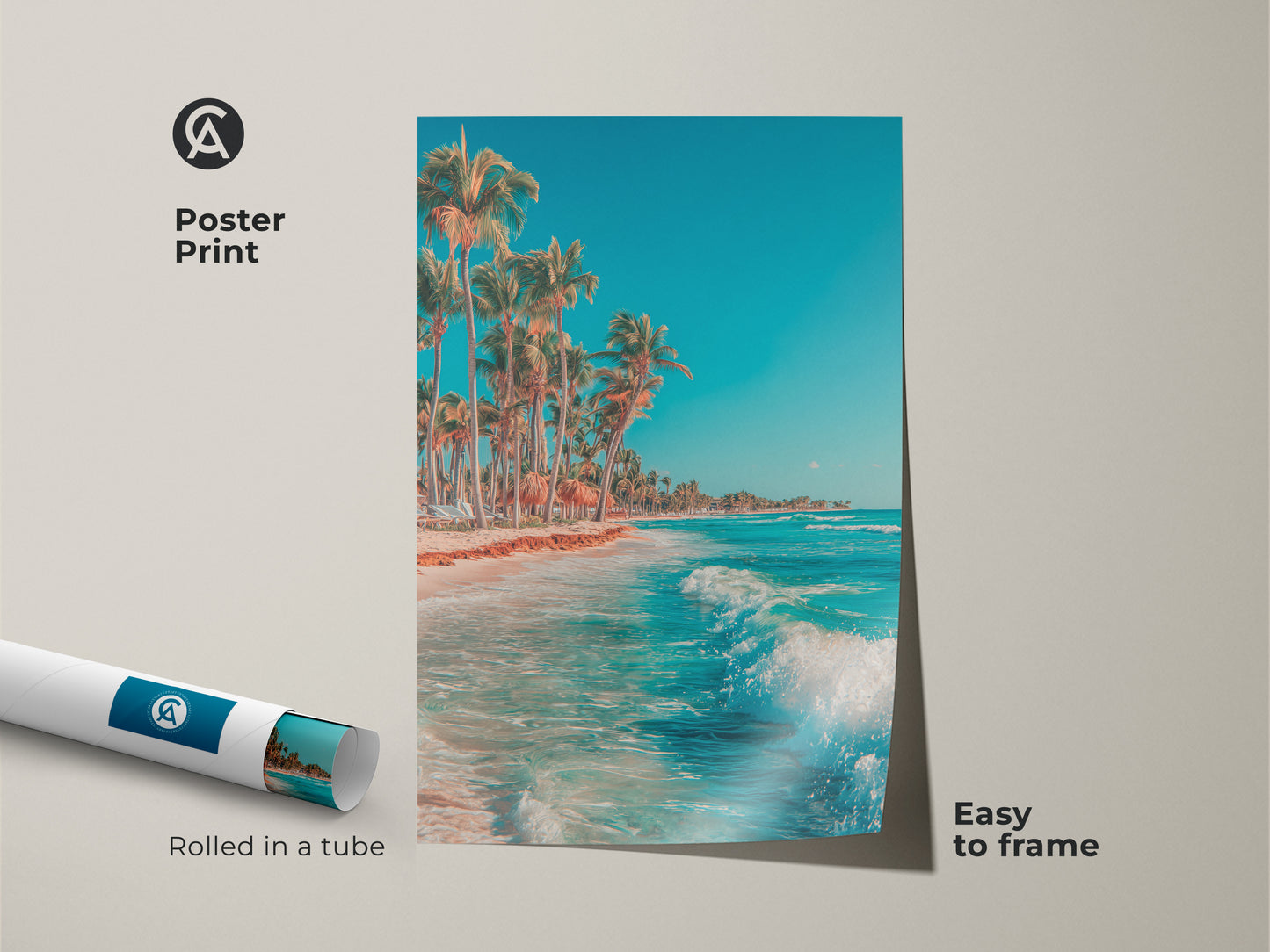 Poster print of a tropical beach scene. The artwork shows ocean waves and palm trees. This museum-quality paper print is rolled in a tube. Easy to frame and display in your home decor.