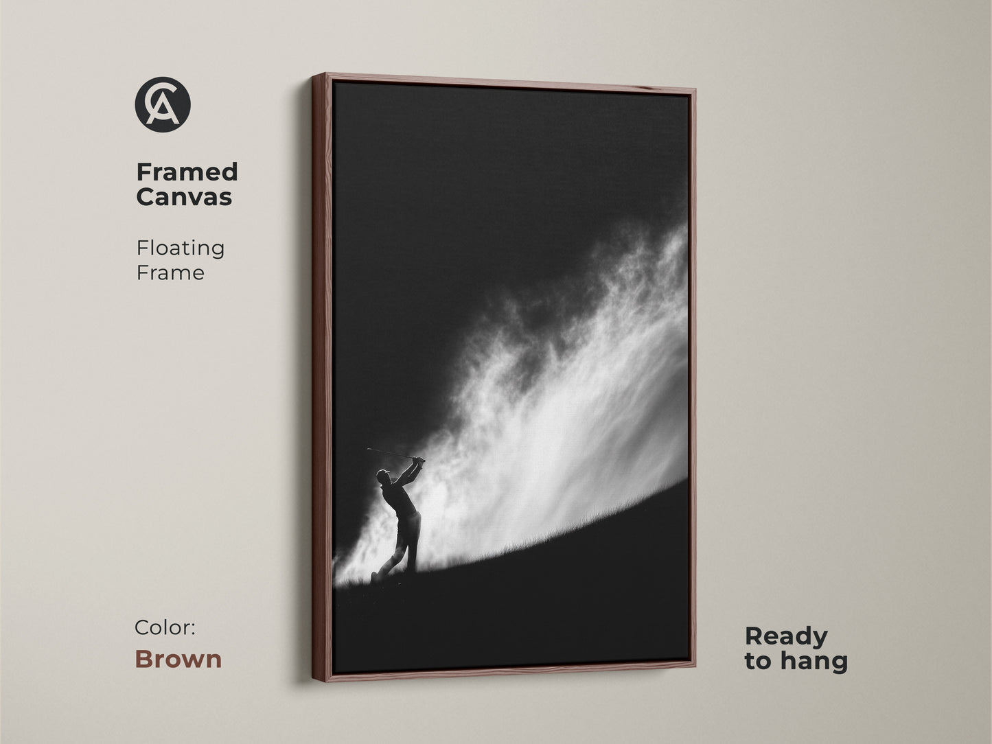 Framed canvas art print showcasing a golfer. This black and white artwork has a floating frame. The ready-to-hang piece is ideal for golf lovers. This framed canvas comes in Brown color.