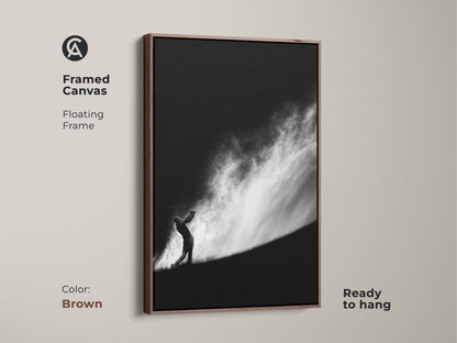 Framed canvas art print showcasing a golfer. This black and white artwork has a floating frame. The ready-to-hang piece is ideal for golf lovers. This framed canvas comes in Brown color.