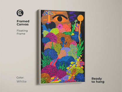Framed canvas in white displaying psychedelic mushroom art. The surreal eye wall art has abstract colorful details. This eclectic bedroom decor is ready to hang with a floating frame.