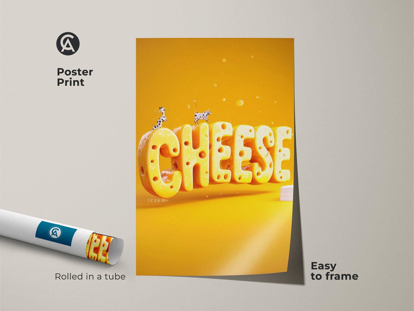 Poster print displaying a 3D render of CHEESE in bright yellow. The artwork is rolled in a tube for easy framing. This surreal food art is ideal for playful decor. It's a unique gift for cheese lovers and eclectic art collectors.
