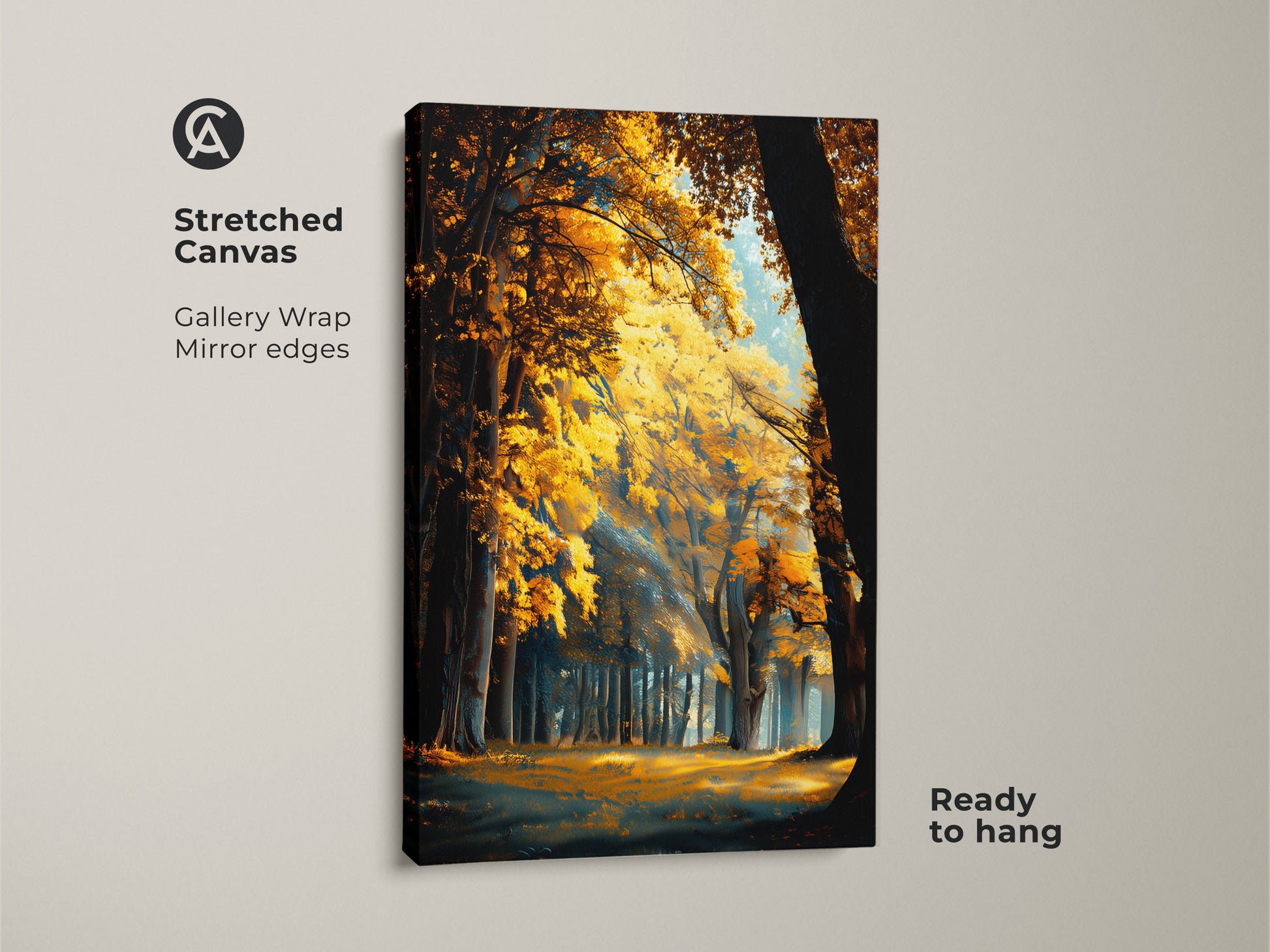 Stretched canvas print of a golden forest. Gallery wrapped with mirrored edges for a clean look. The canvas is ready to hang. A beautiful piece of nature art.