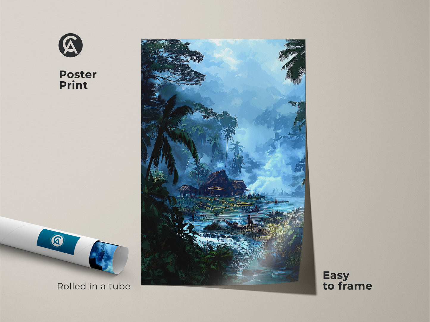 A poster print displays a vibrant tropical village scene. The deep blue landscape and emerald green artwork evoke a bohemian feel. This easy-to-frame wall decor is perfect for travel enthusiasts. Huts and canoes.