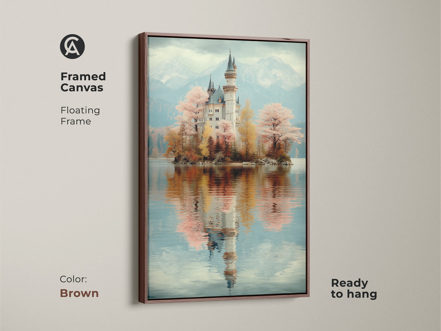 Framed Canvas featuring Pastel Mountain Landscape. The dreamy castle art print has a floating brown frame. Ready to hang artwork. This unique fantasy artwork enhances residential wall art.