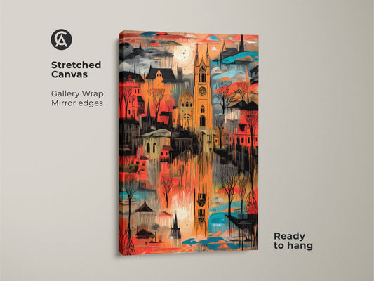 This stretched canvas features gallery wrapped edges and mirror edges. It shows an abstract cityscape print of gothic architecture in red teal and orange. The expressive artwork is ready to hang adding modern art to eclectic home decor.